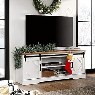WAMPAT TV Stand Cabinet for TV up to 65", TV Unit White with 2 Sliding Doors Wood, TV Console Entertainment Center for Living Room