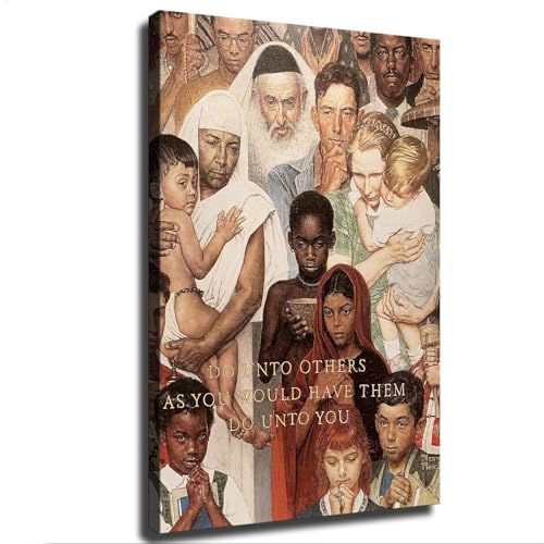 Norman Rockwell Golden Rule 'Do Unto Others' Poster Canvas Wall Art: Classroom, Kitchen Poster Print, Modern Artwork Wall Decor for Living Room, Bedroom, Office, and Home Decoration (16x24 inch,Framed)