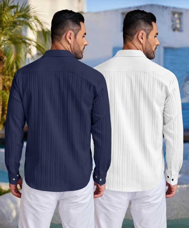 Image of FINIVO FASHION Men's Cotton Blend Shirt Set Lightweight, Full Sleeves, Plain Texture, Button Closure, Summer Ready (Pack of 2)