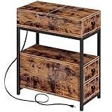 Rustic Brown Narrow End Table with Charging Station, Small Side Table with 3 Drawers for Small Spaces, Skinny Nightstand with USB Ports and Outlets, Flip Top Bedside Table for Living Room, Bedroom