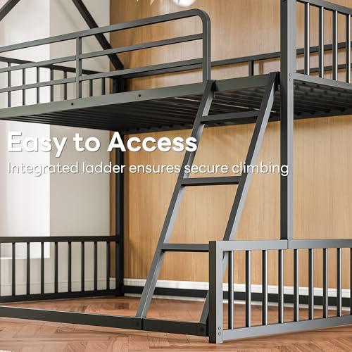 Image of LIKIMIO Bunk Bed Twin Over Full Size, House Bunk Bed Frame with Ladder and Guardrail, House Shaped with Metal Slats Support No Box Spring Needed Space Saving for Bedroom and Dorm, Black