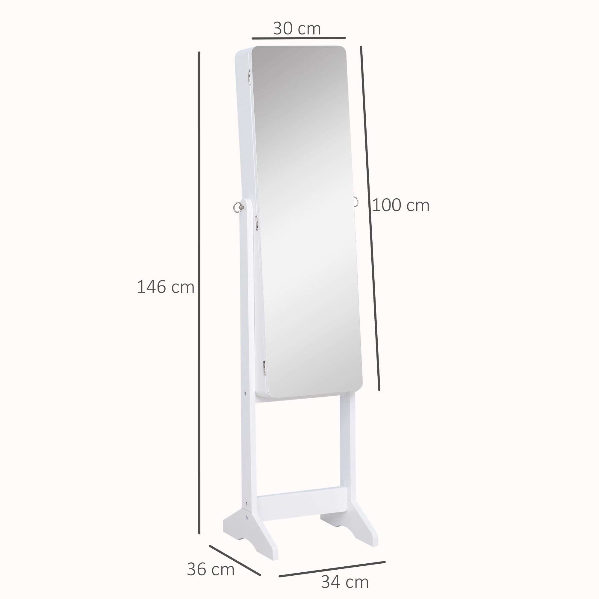 HOMCOM Joyero de Pie con Espejo Armario para Joyas Luces LED Reclinable Guardajoyas Anillos Pendientes Collares Madera 30x36x146cm Blanco
