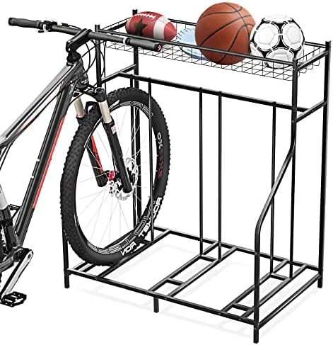 Gadroad 3 Bike Rack Garage with Storage Basket, Bike Stand Floor, Garage Organizer Bike Parking Rack, Metal Floor Bicycle Rack Station for Mountain/Kids Bike, Black