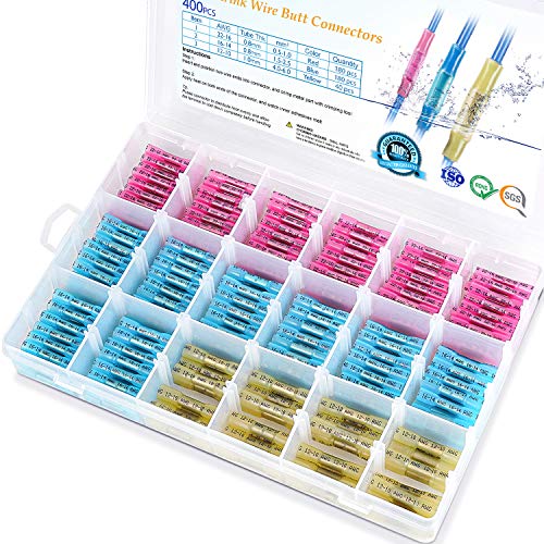 TICONN 400pcs Heat Shrink Butt Connectors Kit, Insulated Waterproof Electrical Marine Automotive Wire Crimp Terminals, Butt Splice (3 Colors / 3 Sizes) (400PCS)
