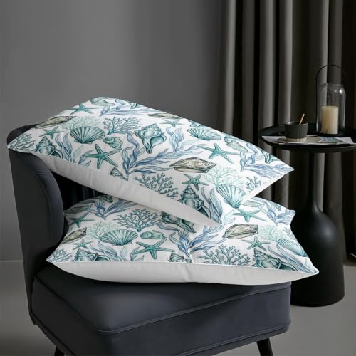 Image of AILONEN Teal Seashell Queen Comforter Set, Coastal Coral Starfish Home Ensemble, 3 Piece Microfiber Down Alternative Fill for Couples Family Guests