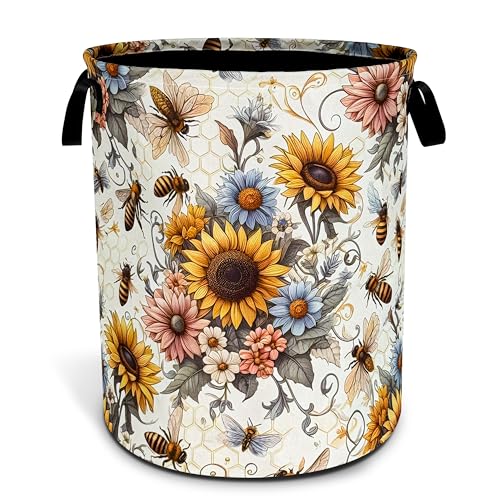 NUTAINLA Bee Sunflower Laundry Basket Flower Foldable Oxford Cloth Funny Tote Bag Laundry Hamper Clothes Storage Bucket Toy Organizer For Bathroom/Laundry Storage/Bedroom 18.9x16.5 Inch