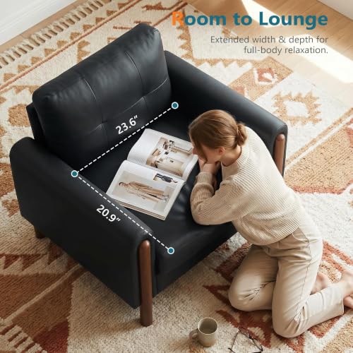 Image of STHOUYN 35 inch Black Leather Oversized Accent Chair Set of 2 with Wood Armrests, Mid-Century Modern Tufted Living Room Chair, Comfy Reading Sofa Chair Lumbar Support Thick Cushion Waiting Room Office