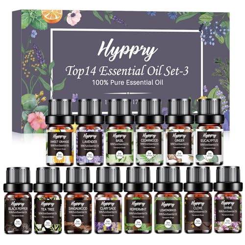 Hyppry 14 x 5ml Essential Oils for Diffuser for Home, 100% Pure Therapeutic Grade Aromatherapy Oil Set - Tea Tree, Lavender, Clove, Basil, Sandalwood, Cedarwood, Thyme, Ginger, Black Pepper, etc