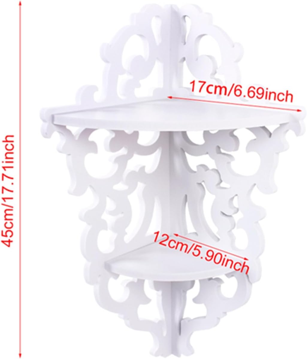 aqxreight 2 Tier White Carved Corner Shelf Rack, Bathroom and Home Storage Display Stand for Ornaments and Small Vases