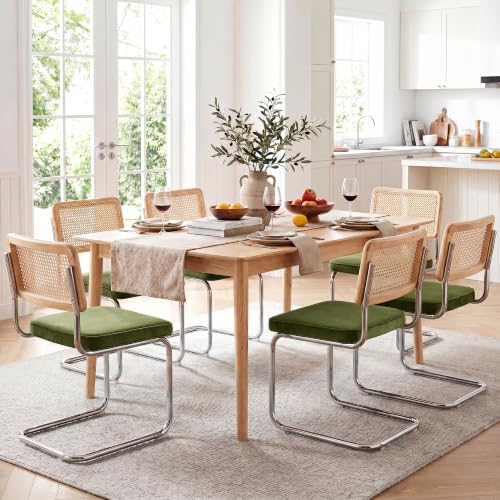 Image of Zesthouse Natural Rattan Dining Chairs Set of 6, Olive Green Modern Kitchen Chairs with Solid Wood Back & Chrome Base, Mid Century Breuer Design Inspired, Upholstered Luxurious Velvet Fabric
