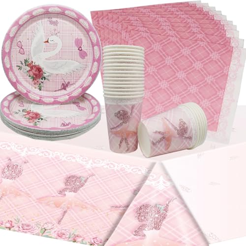 Doyomtoy 61Pcs Piece Pink Ballet Girl Birthday Party Tableware Set, Kids Birthday Set enthält Tassen, Teller, Servietten, Tischdecken, und bietet Platz für bis zu 20 Gäste