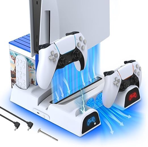 XICEN PS5 Stand with Cooling Station, Controller Charging Station for Play station 5 Console Disc/Digital Edition, PS5 Accessories Vertical Stand with 3-Level Speeds Cooling Fan & 11 Games Organizer