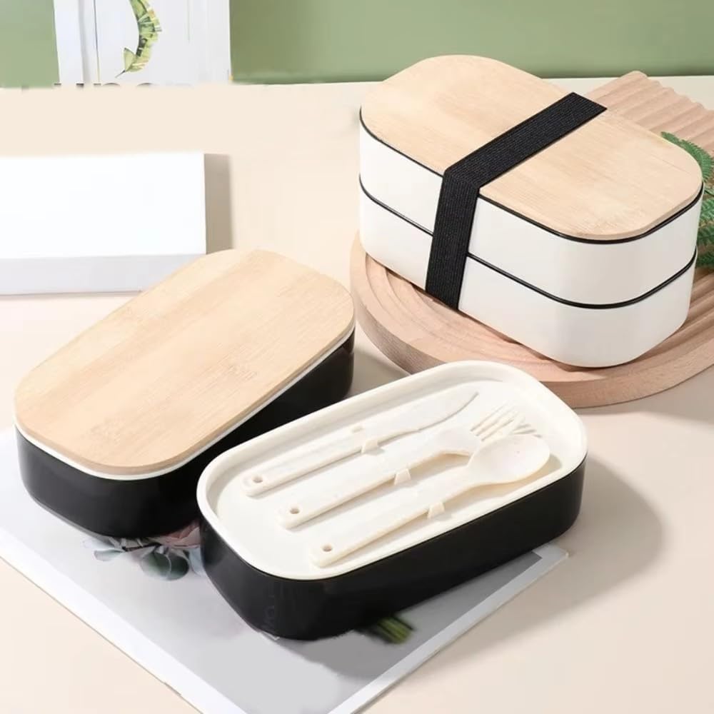 1200ML Podzielony Lunch Box Piknikowy Mikrofalowy Drewniana Pokrywa Bento Box Przenośny Dwuwarstwowy Pojemnik Na Żywność Dla Dzieci