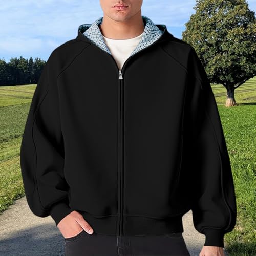 Mens Zip Up Hooded Sweatshirt Fashion Casual Lightweight Drawstring Hoodie Jakcets Plaid Patchwork Jackets Streetwear3