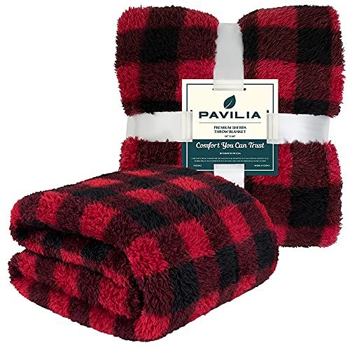 Pavilia Black Red Checkered Plush Throw Blanket For Couch, Sherpa Soft Cozy Blanket And Throw For Sofa Bed, Decorative Fur Fuzzy Warm Fleece Blanket, Lightweight Boho Home Decor All Season, 50X60 #TOP2