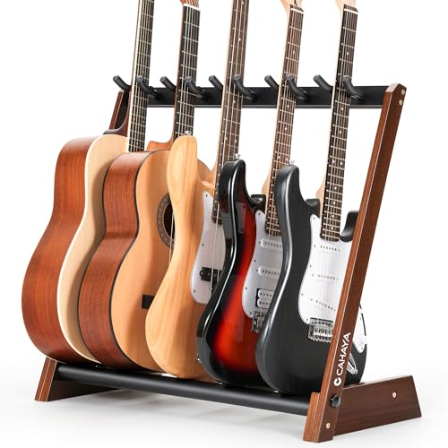CAHAYA Support Guitares Bois Multi - Râtelier 5 Guitares Pliable Universel pour Guitares Acoustiques, Électriques, Classiques et Basses - Présentoir au Sol pour...