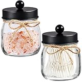 SheeChung Apothecary Jars Set,Mason Jar Decor Bathroom Vanity Storage Organizer Canister,Premium Glass Qtip Holder Dispenser for Cotton Swabs,Ball-Stainless Steel Lid (Black, 2-Pack)