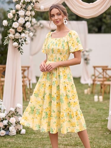 Image of Bbonlinedress Womens Casual Floral Summer Smocked Beach Party Boho Midi Square Neck Dress