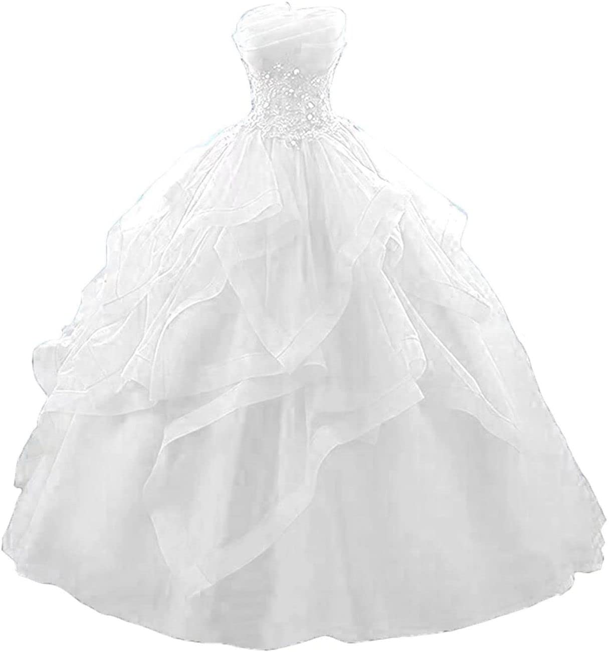 WSEYU Long Ruffles Ball Gown Quinceanera Dresses Strapless Lace Tulle Beaded Princess Evening Gown White UK6