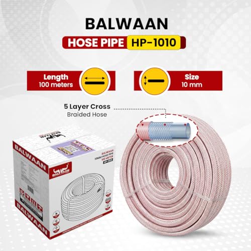 Image of BALWAAN Garden Hose Pipe | 100 Meter Length | 10 mm Size | 5 Layer Cross Braided | UV & Weather Resistant | Strong, Flexible & Leak-Proof Water | HP-1010