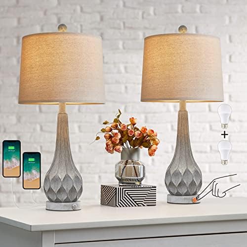 PoKat 3 Way Dimmable Touch Table Lamp Sets of 2 Rustic Farmhouse Bedside Nightstand Lamps for Living Room Bedroom Classic Modern Grey Bedside Lamp with 2 USB Ports(Bulb Included)
