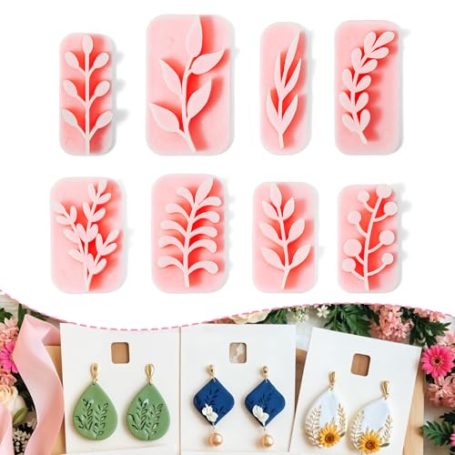 8Pcs Leaves Clay Stamps, Pink Plant Polymer Clay Cutters, Mini Leaf Shape Clays Cutters for DIY Jewelry Earring Making Craft(8 Shapes)