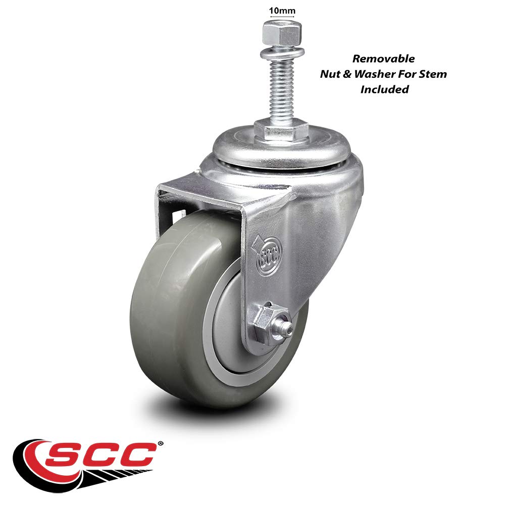Polyurethane Swivel Threaded Stem Caster w/3.5" x 1.25" Gray Wheel and 10mm Stem - 300 lbs Capacity/Caster - Service Caster Brand