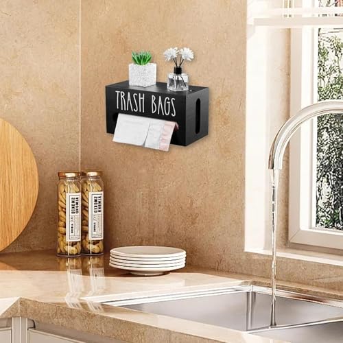 Image of Trash Bag Dispenser, Wall Mount Trash Bag Holder Dispenser with Lid Wooden Kitchen Trash Bag Roll Organizer Plastic Garbage Bag Storage for Cabinet. (Black)