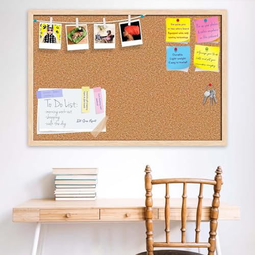 Image of ArtzFolio Cork Board | Bulletin Board Notice Pin Board | Vision Soft Board Combo with Thumb Push Pins & Sticky Notes | Natural Brown Frame | 36 x 24 inch (91 x 61 cms)