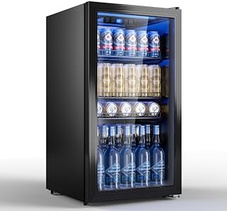 TRIUMPHKEY 90L Mini-Kühlschrank mit Glasfront (Glastür), Kompakter Getränkekühlschrank für bis zu 128 Dosen, mit verstellbaren Regalen für Bier, Wein, Soda, Ideal für Haushalt, Bar, Büro, Wohnung