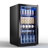 TRIUMPHKEY 90L Mini-Kühlschrank mit Glasfront (Glastür), Kompakter Getränkekühlschrank für bis zu 128 Dosen, mit verstellbaren Regalen für Bier, Wein, Soda, Ideal für Haushalt, Bar, Büro, Wohnung