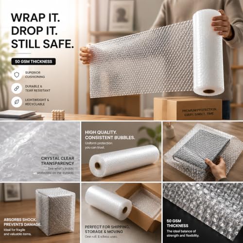 Image of Glaze Protective Bubble Wrap Roll | Air Cushion Packaging Material for Glassware, Electronics, Crockery & Fragile Products | Lightweight & Durable (1 metre)