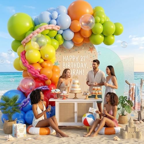 Image of Neon Balloons Arch Garland Kit, 138PCS Rainbow Pool Party Balloon with Red Orange Green Blue Latex Balloons for Kids Luau Hawaii Summer Beach Baby Shower Graduation Birthday Party Decorations Supplies