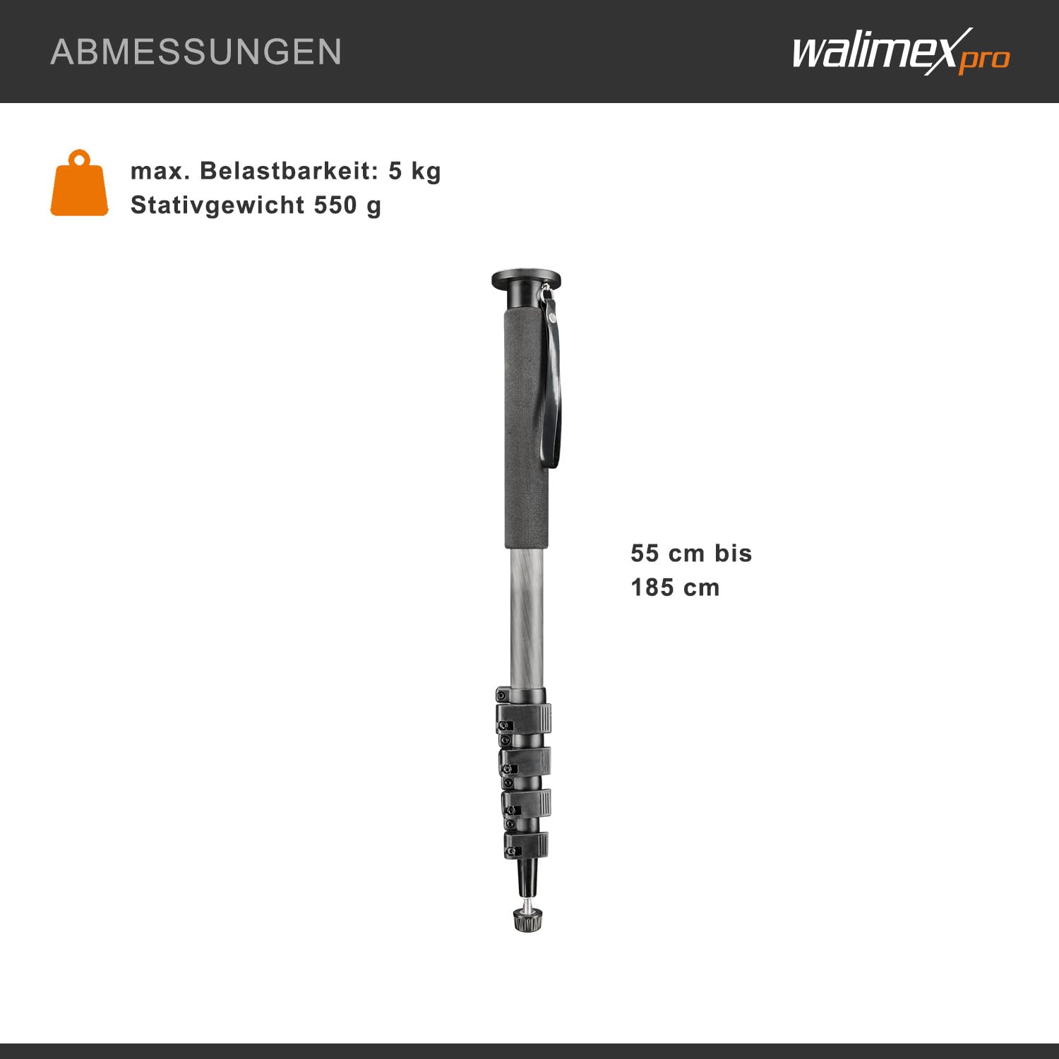 Walimex Pro WAL-1983 Carbon-Pro-Einbeinstativ (185 cm max. Höhe)