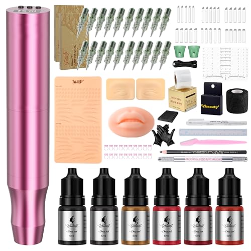 YBEAUTY Microblading Tattoo Gun Kit 1400mAh Cordless Tattoo Pen & Eyebrow Pencil Set for Makeup Supplies Semi-Permanent Eyebrow Tattoo Machine with 50Pcs Needles for Beginners Artists (Pink)