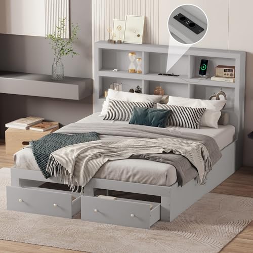 Generisch 160 x 200 cm, cama doble, tablero de partículas, cama de plataforma king con dos cajones a los pies de la cama, cabecero con espacio de almacenamiento, gris