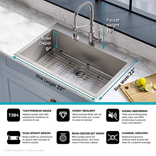 Kraus Kca-1102 Stark Dual Mount Drop Sink And Pull-Down Commercial Kitchen Faucet Combo In Stainless Steel Finish, 33"- Single Bowl #TOP6
