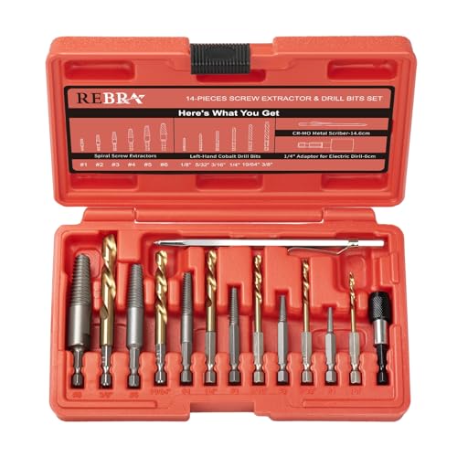 REBRA Screw Extractor and Left-Hand Drill Bit Set, Easy Out Broken Bolt Remover Reverse Cobalt HSS Steel Drill Kit, Ez Out Stripped, Rounded-Off, Damaged Bolts, Screws&Studs Removal Tool (14-Pieces)