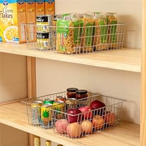 SANNO Farmhouse Freezer Bastets Organizer Bin Large Metal Wire Food Storage Organizer Bin Basket for Kitchen Cabinets Pantry Bathroom Laundry Room Closets Garage Chrome 3 pack