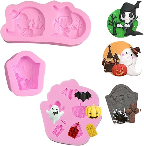 Miniatura 1 de WYD 3 moldes de caramelo de Halloween, mini calabaza, murciélago, lápida, fantasma, moldes de silicona, moldes de chocolate, decoración de cupcakes,