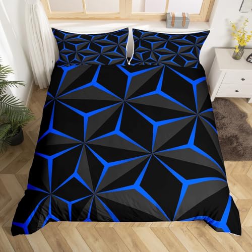 Homemissing Neon Honeycomb Duvet Cover Double Size,Geometric Stereoscopic Theme Teens Boys Bedding Set,Adults Bedroom Decoration 3D Blue Print Comforter Cover Set All Season