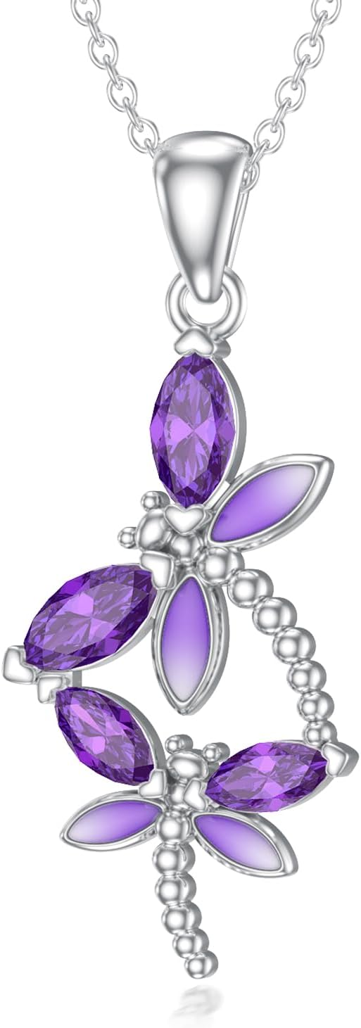 Natural Amethyst Dragonfly Pendant Necklace for Women 925 Sterling Silver Genuine Amethyst Jewelry Gifts
