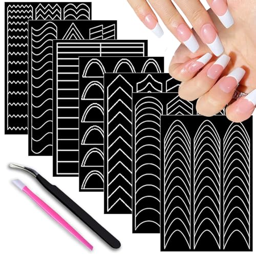 24 Sheets French Tip Nail Guides,Self-Adhesive Manicure Strips Tools French V-Shaped Moon Shaped Manicure Strip Stickers for Nails Edge Auxiliary Black DIY Decoration Stencil Tools Accessories