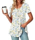 POPYOUNG Tunic Tops for Women Dressy Loose Fit Casual Short Sleeve Long Shirts Ruffled Hem Blouse wear with Leggings L, Macaron Flowers