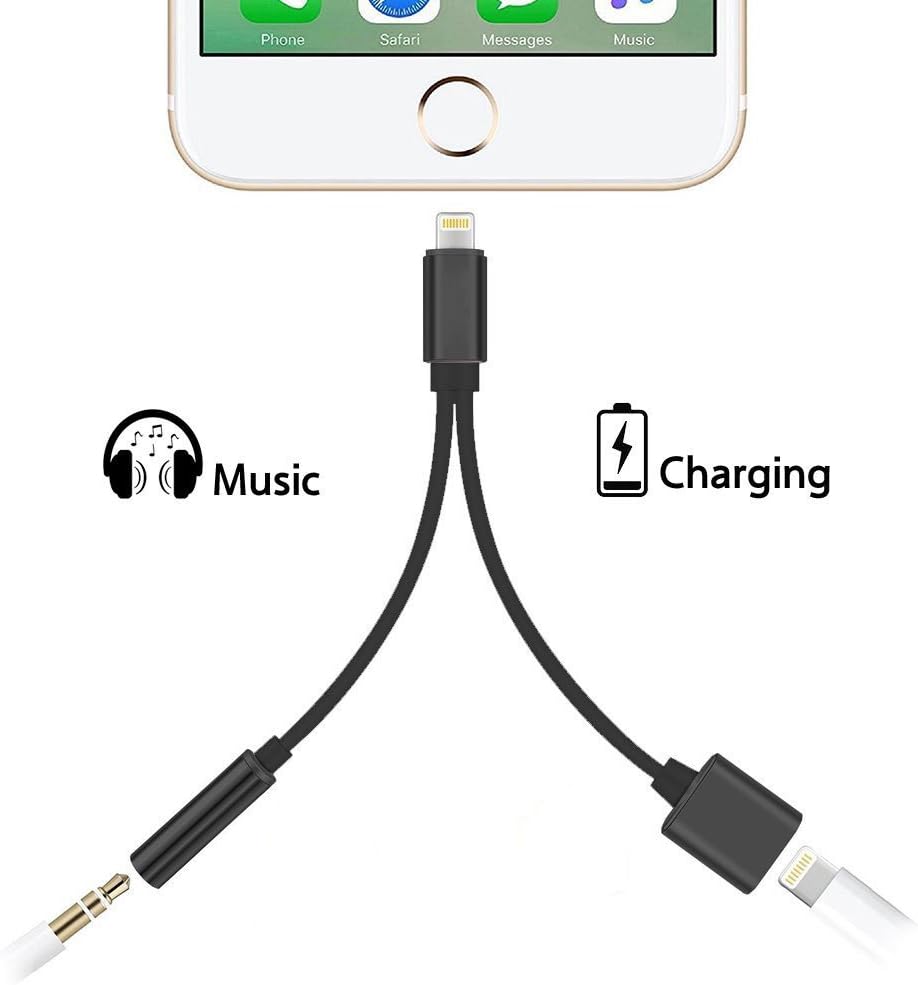 3.5mm Headphone Adapter, 2 in 1 Lightning Cable 3.5mm Headphone Jack Adapter Fast Charging Lightning Adapter Stereo Jack Cord Cable for iPhone 7, iPhone 7 Plus -- Black