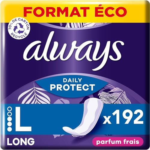 Always Daily Protect, Long, 192 Protège-Slips pour Femme, Avec un Parfum frais, Confortable avec cœur Absorbant, Format Eco
