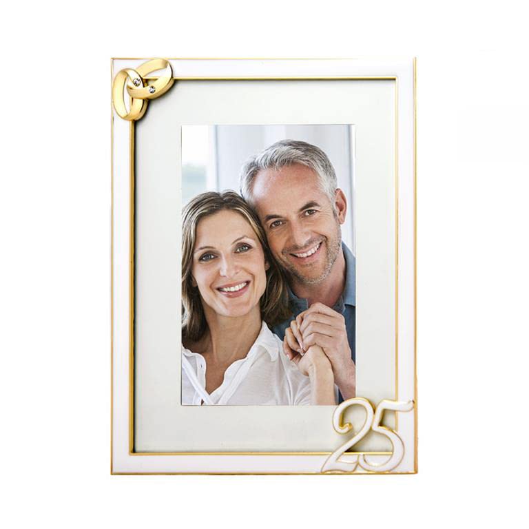 Cadre photo 25e anniversaire de mariage en métal doré objet décoration souvenir noces argent 20cm