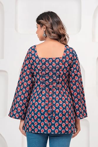 Image of Women's Blue & Red Printed Cotton Short Kurti | Bell Sleeve Straight Kurta | Pure Cotton Casual