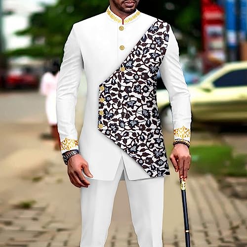 Men`s Business Suit African Clothes Embroidery Full Sleeve Double Breasted Print Blazer and Pants Set2