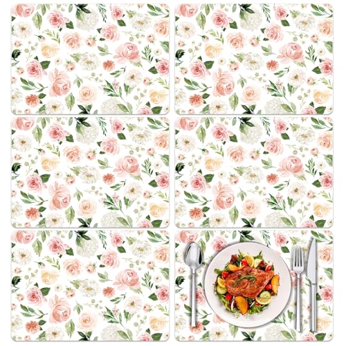 Colorful Floral Spring Plastic Placemats Set of 6,Summer Watercolor Flowers Place Mats,Washable Table Mats for Indoor and Outdoor Dining Tables Kitchen Holiday Party